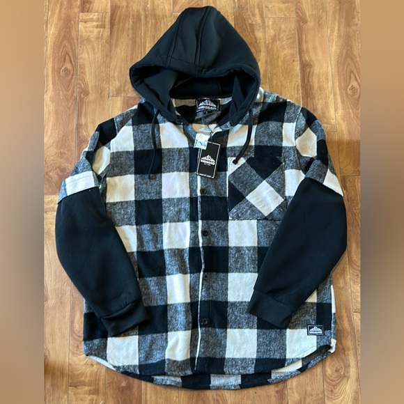 NWT🌟WEST49💫Men’s Black/White Checkered Button-Up Shacket/Hoodie - Picture 4 of 11